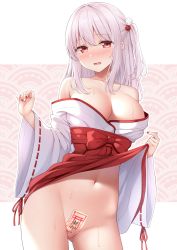 Rule 34 | 1girl, absurdres, blush, breasts, cleavage, cowboy shot, groin, hair ornament, hakama, hakama skirt, highres, japanese clothes, karutamo, large breasts, long hair, long sleeves, looking at viewer, maebari, miko, navel, no bra, nose blush, off shoulder, ofuda, ofuda on pussy, one side up, open mouth, original, red eyes, red hakama, skirt, solo, standing, stomach, sweat, thighs, tisshu (karutamo), white hair, wide sleeves
