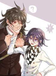 ! 2boys ? annoyed brown_hair brown_suit buttons checkered_clothes checkered_scarf cheek_squash clenched_hands collared_shirt commentary danganronpa_(series) danganronpa_v3:_killing_harmony flipped_hair formal_clothes glasses gokuhara_gonta hair_between_eyes hand_on_own_hip height_difference jacket keya_(pixiv_25752588) long_hair long_sleeves male_focus messy_hair multicolored_buttons multiple_boys oma_kokichi one_eye_closed open_mouth purple_eyes purple_hair red_eyes round_eyewear scarf shirt short_hair simple_background size_difference spoken_exclamation_mark spoken_question_mark squishing suit teeth two-tone_scarf