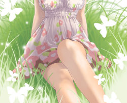 Rule 34 | 1girl, ami (kawasemidori), bare legs, bug, butterfly, dress, floral print, grass, head out of frame, bug, knee up, lower body, original, plant, sitting, solo, sundress