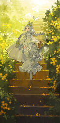 Rule 34 | 2girls, animal, animal ears, animal feet, bird, bloomers, braid, cat ears, cat girl, cat tail, child, chinese commentary, commentary, dandelion, digitigrade, dress, facing away, flower, frilled dress, frilled sleeves, frills, full body, green background, green eyes, green ribbon, green theme, grey bloomers, grey dress, grey hair, grey tail, hair flower, hair ornament, hair ribbon, hands up, highres, holding, holding hands, holding plant, long hair, long sleeves, looking at viewer, looking back, multiple girls, open mouth, original, outdoors, plant, puffy long sleeves, puffy sleeves, ribbon, stairs, standing, starshadowmagician, tail, twin braids, underwear, very long hair, walking, white flower, white ribbon, yellow flower