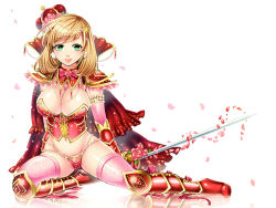 Rule 34 | 1girl, bad id, bad pixiv id, blonde hair, boots, breasts, cape, cleavage, crown, earrings, elbow gloves, fantasy, flower, full body, gem, gloves, green eyes, groin, hair ornament, jewelry, large breasts, lips, lots of jewelry, matsurika youko, navel, necklace, original, pearl (gemstone), petals, pink thighhighs, queen, rose, smile, solo, sword, thighhighs, weapon, white background