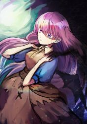 Rule 34 | 1girl, absurdres, black wings, brown dress, crying, crying with eyes open, dress, eyelashes, highres, km139, light particles, long hair, parted lips, pink hair, puffy sleeves, purple eyes, solo, sound horizon, tears, thanatos-ko, very long hair, wings