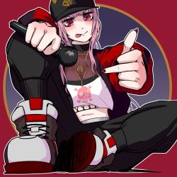 Rule 34 | 1girl, crop top, hat, highres, hololive, hololive english, jacket, jewelry, microphone, middle finger, midriff, mori calliope, mori calliope (streetwear), nail polish, navel, necklace, otk, outline, pants, pink hair, red eyes, red nails, shoes, sitting, smile, sneakers, solo, sweatpants, tongue, tongue out, virtual youtuber