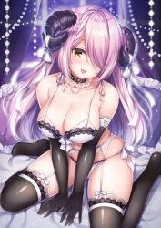 Rule 34 | 1girl, bare shoulders, black gloves, black thighhighs, bra, braid, breasts, cleavage, collarbone, commentary request, detached collar, garter belt, glint, gloves, hair over one eye, heart, horns, large breasts, lingerie, long hair, looking at viewer, mitsuba choco, mole, mole on breast, mole under eye, no shoes, on bed, original, panties, pillow, pink hair, sitting, solo, thighhighs, underwear, v arms, white bra, white panties, yellow eyes