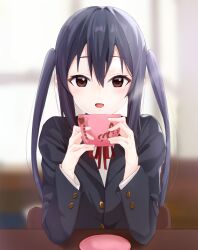 Rule 34 | 1girl, black hair, black jacket, blazer, blurry, blurry background, brown eyes, coffee cup, collared shirt, commentary request, commission, cup, disposable cup, hair between eyes, highres, holding, holding cup, indoors, jacket, k-on!, long hair, long sleeves, looking at viewer, nakano azusa, neck ribbon, open mouth, pixiv commission, red ribbon, ribbon, sakuragaoka high school uniform, school uniform, shirt, sidelocks, solo, table, twintails, upper body, viewran, white shirt, winter uniform
