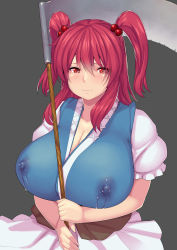 Rule 34 | 1girl, blush, breasts, cleavage, covered erect nipples, hair bobbles, hair ornament, hakai shin, highres, huge breasts, lactation, lactation through clothes, long hair, onozuka komachi, red eyes, red hair, scythe, smile, solo, touhou, twintails, two side up