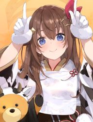 Rule 34 | 1girl, a-chan (hololive), alternate costume, animal print, ankimo (tokino sora), asa no ha (pattern), black kimono, blue eyes, blush, brown hair, character print, closed mouth, commentary, cow print, fur-trimmed gloves, fur trim, gloves, hair between eyes, hair ornament, hair ribbon, highres, hololive, horns pose, japanese clothes, kase (kurimuzone oruta), kimono, long hair, looking at viewer, multicolored clothes, multicolored kimono, obi, orange background, ribbon, sash, simple background, smile, star (symbol), star hair ornament, straight hair, stuffed animal, stuffed toy, symbol-only commentary, teddy bear, tokino sora, upper body, virtual youtuber, white gloves, white kimono
