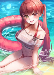 Rule 34 | 1girl, :d, amemiya arikapu, arm support, bad id, bad pixiv id, bare shoulders, bikini, bikini under clothes, blush, breasts, collarbone, commentary request, crop top, fang, head tilt, heterochromia, highres, hololive, houshou marine, houshou marine (summer), innertube, large breasts, long hair, looking at viewer, midriff, navel, off-shoulder shirt, off shoulder, official alternate costume, open mouth, red bikini, red eyes, red hair, see-through, shirt, short sleeves, sitting, smile, solo, stomach, swim ring, swimsuit, thighs, twintails, very long hair, virtual youtuber, water, wet, wet clothes, wet shirt, white shirt, yellow eyes