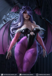 Rule 34 | 1girl, animal print, arms at sides, bare shoulders, bat (animal), bat wings, black pantyhose, breasts, bridal gauntlets, camilla (fire emblem), cat print, clothing cutout, collarbone, commentary, cosplay, curly hair, elbow gloves, english commentary, fire emblem, fire emblem fates, gloves, gumroad logo, gumroad username, hair ornament, hair over one eye, head wings, heart cutout, highleg, highleg leotard, highres, indoors, large breasts, legs together, leotard, lips, long hair, looking at viewer, luminyu, mole, mole on breast, morrigan aensland, morrigan aensland (cosplay), nail polish, nintendo, panties, pantyhose, parted lips, patreon logo, patreon username, print legwear, print pantyhose, purple gloves, purple hair, purple leotard, purple panties, purple wings, red eyes, red nails, solo, standing, strapless, strapless leotard, thigh gap, thighhighs, thighs, tiara, twitter logo, twitter username, underwear, watermark, web address, wings