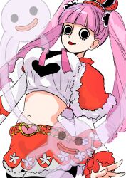 Rule 34 | 1girl, black eyes, capelet, crop top, crown, eyelashes, fur-trimmed capelet, fur trim, highres, long sleeves, midriff, one piece, perona, pink hair, shirt, skirt, striped clothes, striped thighhighs, thighhighs, twintails, white background, yukijosanex