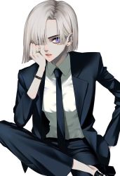 Rule 34 | 1girl, bad id, bad twitter id, black footwear, black necktie, black suit, blunt bangs, bob cut, bracelet, collared shirt, commentary request, dress shirt, earrings, formal, hair over one eye, highres, jacket, jewelry, lapels, looking at viewer, necktie, notched lapels, open clothes, open jacket, parted lips, purple eyes, ring, shirt, silver hair, simple background, sitting, solo, suit, suit jacket, urkt 10, white background, white shirt, wing collar