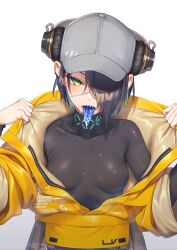 Rule 34 | 1girl, arknights, asbestos (arknights), baseball cap, black bodysuit, black hair, blue hair, blue tongue, bodysuit, breasts, colored tongue, commentary, drooling, eyepatch, green eyes, grey hat, hair over one eye, hat, headphones, headphones removed, highres, infection monitor (arknights), jacket, long tongue, looking at viewer, medical eyepatch, medium breasts, megalateo, multicolored hair, open clothes, open jacket, saliva, sharp teeth, short hair, simple background, solo, steaming body, streaked hair, sweatdrop, teeth, tongue, tongue out, white background, yellow jacket