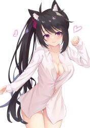 Rule 34 | 1girl, :3, absurdres, ahoge, animal ear fluff, animal ears, arm at side, ayabanka, black hair, blush, borrowed clothes, breasts, cleavage, closed mouth, collarbone, collared shirt, commentary, cowboy shot, dress shirt, gluteal fold, hand up, heart, highres, hoshikawa kaguya, large breasts, lips, long hair, looking at viewer, naked shirt, oversized clothes, partially unbuttoned, red eyes, seductive smile, shirt, side ponytail, simple background, sleeves past wrists, smile, solo, split mouth, swept bangs, tenshi souzou re-boot!, thigh gap, very long hair, white background, white shirt