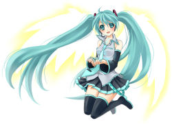 Rule 34 | 1girl, ahoge, aqua eyes, aqua hair, breasts, detached sleeves, female focus, full body, gradient background, hatsune miku, headset, kneeling, long hair, necktie, simple background, skirt, smile, solo, thighhighs, twintails, very long hair, vocaloid, white background, wings, yayoi (egoistic realism)