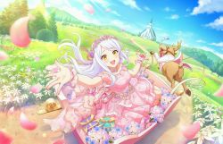 Rule 34 | animal, blitzen, bouquet, church, clothed animal, dress, eve santaclaus, flower, gift, head wreath, idolmaster, idolmaster cinderella girls, jewelry, lens flare, looking at viewer, necklace, official art, petals, pink dress, scenery, silver hair, sleigh, tree, yellow eyes