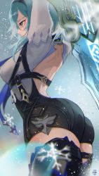 Rule 34 | 1girl, arms up, ass, blue hair, breast strap, breasts, crest, eula (genshin impact), family crest, from side, genshin impact, green eyes, hairband, highres, holding, holding sword, holding weapon, medium breasts, medium hair, multicolored eyes, osesube2, snowflakes, snowing, solo, strap, sword, thighhighs, thighs, weapon