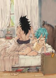 Rule 34 | 1boy, 1girl, bad id, bad pixiv id, bed, bedroom, bite mark, black hair, blouse, blue hair, breasts, brown eyes, cleavage, couple, fairy tail, gajeel redfox, grey panties, highres, indoors, levy mcgarden, long hair, messy hair, nightstand, nipples through clothes, off shoulder, one eye closed, open mouth, panties, plant, rusky, scratching ass, see-through, shirt, shoulder tattoo, sitting, sleeveless, sleeveless shirt, slippers, small breasts, spiked hair, tattoo, thighs, underwear, underwear only, unworn slippers, very long hair, yellow shirt