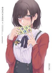 Rule 34 | 10s, 1girl, black ribbon, blue eyes, blush, breasts, brown hair, buttons, casual, cellphone, closed mouth, commentary request, embarrassed, english text, frilled shirt, frills, glasses, hagihara asami, hair between eyes, hands up, highres, holding, holding phone, jacket, long sleeves, looking at viewer, matsuno choromatsu, matsuno ichimatsu, matsuno jyushimatsu, matsuno karamatsu, matsuno osomatsu, matsuno todomatsu, mole, mole under mouth, neck ribbon, nose blush, open clothes, open jacket, original, osomatsu-kun, osomatsu-san, osomatsu (series), phone, red jacket, ribbon, shirt, short hair, simple background, skirt, smartphone, smile, solo, standing, suspender skirt, suspenders, sweat, sweatdrop, upper body, white background, white shirt