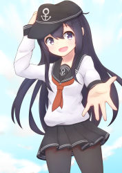 Rule 34 | 1girl, :d, akatsuki (kancolle), anchor symbol, black hat, black pantyhose, black skirt, centi mnkt, cloud, cloudy sky, commentary request, cowboy shot, day, dutch angle, flat cap, hair between eyes, hand on headwear, hat, kantai collection, long sleeves, looking at viewer, neckerchief, open mouth, pantyhose, pleated skirt, purple eyes, purple hair, red neckerchief, school uniform, serafuku, shirt, skirt, sky, smile, solo, standing, white shirt