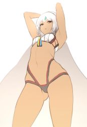 Rule 34 | 10s, 1girl, altera (fate), armpits, bikini, black panties, breasts, cowboy shot, dark-skinned female, dark skin, fate/extella, fate/extra, fate/grand order, fate (series), from above, midriff, navel, open mouth, panties, red eyes, short hair, simple background, solo, standing, swimsuit, underwear, veil, white background, white hair