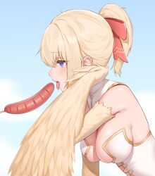 Rule 34 | 1girl, absurdres, blonde hair, blue eyes, bow, breasts, choppy bangs, cleavage, drooling, feathers, food, hair bow, harpy, highres, indie virtual youtuber, leotard, mavia (vtuber), medium breasts, monster girl, ponytail, red bow, sausage, secon, sexually suggestive, sidelocks, sky, tongue, tongue out, white leotard, winged arms, wings, yellow feathers