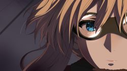 Rule 34 | 1girl, anime coloring, blonde hair, blue eyes, close-up, collar, commentary request, derivative work, glasses, hair between eyes, highres, lips, official art, screencap, simple background, solo, violet evergarden, violet evergarden (series), yuuri-622