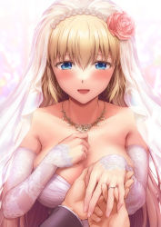 Rule 34 | 1boy, 1girl, blonde hair, blue eyes, blush, breasts, bridal veil, bride, chacharan, dress, earrings, elbow gloves, fate/apocrypha, fate/grand order, fate (series), flower, frills, gloves, highres, jeanne d&#039;arc (fate), jeanne d&#039;arc (ruler) (fate), jewelry, large breasts, long hair, looking at viewer, necklace, ornate ring, pov, ring, smile, strapless, strapless dress, tearing up, veil, wedding, wedding dress, wedding ring, white dress