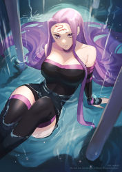 Rule 34 | 12 hnt, 1girl, arm warmers, bare shoulders, black dress, black sleeves, black thighhighs, closed mouth, collarbone, dress, expressionless, facial mark, fate/stay night, fate (series), feet out of frame, forehead mark, highres, long hair, looking at viewer, medusa (fate), medusa (rider) (fate), purple eyes, purple hair, short dress, sitting, solo, thighhighs, twitter username, water
