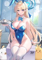 Rule 34 | 1girl, animal ears, blonde hair, blue archive, blue eyes, blue leotard, bow, bowtie, breasts, case, coffee, coffee cup, cup, detached collar, disposable cup, fake animal ears, halo, highres, holding, holding tray, large breasts, leotard, long hair, looking at viewer, manjuu (azur lane), official alternate costume, playboy bunny, rabbit ears, solo, strapless, strapless leotard, studiopokotan, thick thighs, thighhighs, thighs, toki (blue archive), toki (bunny) (blue archive), tray, very long hair, white thighhighs, wrist cuffs