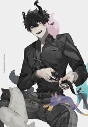 Rule 34 | aia amare, animal, animal on lap, animal on shoulder, animalization, aster arcadia, asymmetrical horns, black cat, black hair, black shirt, blue cat, cat, cat on lap, cat on shoulder, claw ring, commentary, copyright notice, demon horns, fangs, hair between eyes, highres, horns, jewelry, k00s, kyo kaneko, male focus, maria marionette, multiple rings, nijisanji, nijisanji en, nuzzle, on lap, one eye closed, open mouth, pants, pink cat, plaid, plaid pants, purple cat, ren zotto, ring, scarle yonaguni, shirt, simple background, smile, solo focus, symbol-only commentary, uneven horns, virtual youtuber, white background, white cat