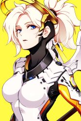 Rule 34 | 1girl, bad id, bad twitter id, blue eyes, bodysuit, breasts, halo, highres, hwansang, looking at viewer, mechanical halo, mechanical wings, medium breasts, mercy (overwatch), overwatch, overwatch 1, parted lips, ponytail, solo, teeth, white hair, wings, yellow background