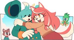 Rule 34 | 1girl, 2boys, :3, ^ ^, ahoge, animal ears, animal nose, aqua headwear, aqua jacket, arm up, bird, blue eyes, blue fur, blue hair, blue sky, blush stickers, body fur, border, bow, bowtie, breasts, brown fur, brown sweater, buttons, closed eyes, closed mouth, cloud, conductor&#039;s wife (the murder of sonic the hedgehog), conductor (the murder of sonic the hedgehog), day, digimin, dog boy, dog ears, dog girl, dog tail, double-breasted, fang, flicky (character), furry, furry female, furry male, furry with furry, gloves, hair tie, half-closed eyes, hand up, happy, hat, hetero, hug, husband and wife, jacket, long hair, long sleeves, looking at another, motion lines, multicolored hair, multiple boys, notice lines, official art, open mouth, orange eyes, outdoors, outside border, outstretched arm, peaked cap, pink fur, pink hair, protagonist (the murder of sonic the hedgehog), red bow, red bowtie, red skirt, sidelocks, skirt, sky, small breasts, smile, sonic (series), standing, sweater, swept bangs, tail, teeth, the murder of sonic the hedgehog, traditional bowtie, transparent border, two-tone fur, two-tone hair, upper body, white fur, white gloves, white hair