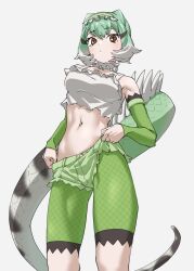 Rule 34 | 1girl, bare shoulders, breasts, brown eyes, chinese water dragon (kemono friends), commentary, cowboy shot, detached sleeves, frown, gradient hair, green hair, green shorts, grey background, highres, kemono friends, lizard tail, long sleeves, looking at viewer, medium breasts, micro shorts, midriff, multicolored hair, navel, short hair, shorts, simple background, solo, spiked tail, tail, tanabe (fueisei), white hair