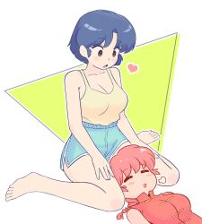 2girls barefoot blue_hair blush blush_stickers braid braided_ponytail breasts closed_eyes geraldjess1 happy heart highres multiple_girls open_mouth ranma-chan ranma_1/2 red_hair short_hair tendou_akane