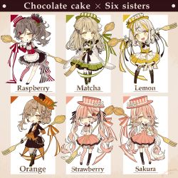 Rule 34 | 6+girls, :d, ;q, akakura, apron, arm ribbon, asymmetrical footwear, asymmetrical legwear, black footwear, black gloves, black neckwear, black ribbon, black shorts, black socks, blonde hair, bloomers, blush, boots, bow, braid, cake, chain, chibi, chocolate cake, coattails, collared shirt, color guide, cross-laced footwear, cross tie, detached sleeves, dress, earrings, elbow gloves, english text, facial mark, fang, fishnets, flower, food, fork, french braid, frilled apron, frilled sleeves, frills, frown, fruit, full body, garter straps, gloves, green dress, green eyes, green hat, green headwear, green ribbon, green theme, grey hair, hair between eyes, hair bun, hair flower, hair ornament, hair over one eye, hair ribbon, hairclip, hand on own hip, hand to own mouth, hat, hat ribbon, heart, high heels, highres, holding, holding tray, jewelry, knee boots, kneehighs, lace-trimmed sleeves, lace trim, long hair, long sleeves, looking at viewer, mary janes, medium hair, mismatched footwear, mismatched legwear, multicolored hair, multiple girls, necktie, one eye closed, open mouth, orange hat, orange theme, original, over-kneehighs, oversized object, personification, pinafore dress, pink bow, pink dress, pink footwear, pink hair, pink hat, pink legwear, pink ribbon, pink theme, pinstripe dress, pinstripe pattern, platform footwear, pleated dress, ponytail, red hat, red ribbon, red theme, ribbon, shirt, shoes, shorts, siblings, single hair bun, single kneehigh, single sock, single thighhigh, sisters, sleeveless, sleeveless dress, smile, socks, standing, standing on one leg, strawberry, streaked hair, striped bow, striped clothes, striped dress, striped headwear, striped legwear, striped ribbon, striped shorts, striped thighhighs, thighhighs, tongue, tongue out, tray, twintails, underbust, underwear, vertical-striped clothes, vertical-striped dress, vertical-striped headwear, vertical-striped legwear, vertical-striped thighhighs, vertical-stripes, very long hair, waist apron, white apron, white bow, white gloves, white hair, white ribbon, wide sleeves, wrist cuffs, x hair ornament, yellow dress, yellow eyes, yellow hat, yellow ribbon, yellow theme