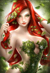 Rule 34 | 1girl, artist name, batman (series), breasts, cleavage, dc comics, flower, green eyes, green theme, hand in own hair, leaf, madeleine bellwoar, monster girl, parted lips, plant girl, poison ivy, red hair, red lips, solo, watermark, web address, white flower