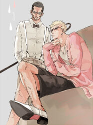 Rule 34 | 2boys, arms behind back, black bow, black bowtie, black hair, black shorts, blonde hair, bow, bowtie, cane, crossed legs, donquixote doflamingo, earrings, facial hair, goatee, holding, holding cane, jewelry, leg hair, luzy, multiple boys, mustache, one piece, pink shirt, shirt, short hair, shorts, sitting, standing, sunglasses, suspenders, third-party source, vergo, water drop, white shirt