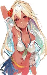 Rule 34 | 10s, 1girl, armpits, bad id, bad twitter id, bikini, blonde hair, blush, breasts, cleavage, dark-skinned female, dark skin, granblue fantasy, hair ornament, highres, long hair, looking at viewer, navel, parted lips, red eyes, smile, solo, swimsuit, unkq, white bikini, zooey (granblue fantasy), zooey (summer) (granblue fantasy)