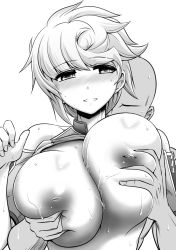 Rule 34 | 1boy, 1girl, bald, blush, grabbing another&#039;s breast, breasts, deep skin, faceless, faceless male, grabbing, grabbing from behind, greyscale, hair between eyes, head tilt, hetero, inverted nipples, kanno takanori, kantai collection, large breasts, looking at viewer, monochrome, nipples, parted lips, smile, sweat, unryuu (kancolle), upper body, white background