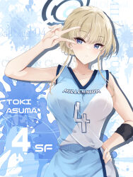 Rule 34 | 1girl, absurdres, alternate costume, arm up, armband, basketball jersey, basketball uniform, blue archive, blue eyes, breasts, hair bun, halo, hand on own hip, highres, jersey, large breasts, parted lips, shirt, shirt tucked in, sleeveless, sleeveless shirt, solo, splatter background, sportswear, toki (blue archive), v, yoru0409