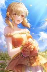 Rule 34 | 1girl, absurdres, azusawa kohane, bare shoulders, blonde hair, blue sky, bouquet, brown eyes, cloud, cloudy sky, collarbone, cowboy shot, day, dress, falling petals, field, flower, flower field, green flower, hair flower, hair ornament, highres, holding, holding bouquet, memory (identity v), off-shoulder dress, off shoulder, open mouth, orange dress, orange flower, orange rose, petals, pink flower, pink rose, project sekai, rose, short twintails, sky, smile, solo, standing, sunlight, teeth, twintails, upper teeth only, yellow flower, yellow rose, youwon0417