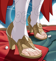 Rule 34 | 1girl, absurdres, artist logo, blue sky, brown footwear, commentary, english commentary, feet, feet only, foot focus, high heels, highres, honkai: star rail, honkai (series), lens flare, lower body, mohoshadream, sandals, sky, socks, solo, standing, stirrup legwear, tingyun (honkai: star rail), toeless legwear, toenails, toes, white socks