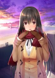 Rule 34 | 1girl, beach, black hair, blush, breasts, breath, can, cloud, coat, evening, female focus, game cg, gloves, hands up, happy, large breasts, lighthouse, long hair, looking at viewer, nekonyan, ocean, original, outdoors, own hands together, parted lips, red eyes, scarf, school uniform, sky, smile, solo, standing, tonari ni kanojo no iru shiawase ~winter guest~, upper body, water, yukimura shiho