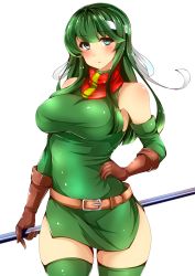 Rule 34 | 1girl, armpit peek, bare shoulders, belt, blue eyes, blush, breasts, brown gloves, cowboy shot, dress, elbow gloves, en (paorasuteki), fire emblem, fire emblem: new mystery of the emblem, fire emblem: shadow dragon, fire emblem echoes: shadows of valentia, fire emblem gaiden, gloves, green dress, green eyes, green gloves, green hair, green thighhighs, hand on own hip, headband, highres, lance, large breasts, leather, leather gloves, long hair, looking at viewer, nintendo, palla (fire emblem), parted lips, polearm, short dress, side slit, simple background, sleeveless, sleeveless dress, solo, straight hair, taut clothes, thighhighs, thighs, turtleneck, turtleneck dress, weapon, white background, zettai ryouiki