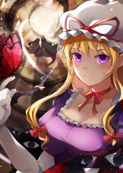 Rule 34 | 3girls, animal, blonde hair, blush, breasts, bug, butterfly, cleavage, closed mouth, collarbone, commission, dress, elbow gloves, gap (touhou), gloves, hat, hat ribbon, highres, insect, large breasts, long hair, mob cap, multiple girls, pixiv commission, purple dress, purple eyes, ra mun5239, red ribbon, ribbon, smile, solo focus, touhou, upper body, white gloves, white headwear, yakumo yukari