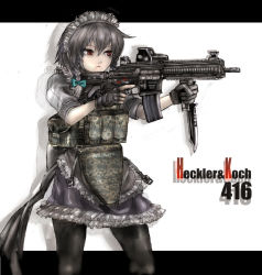 Rule 34 | 1girl, assault rifle, bad id, bad pixiv id, braid, camouflage, close quarters combat, combat maid, digital camouflage, eotech, female focus, fingerless gloves, gloves, gn, gun, h&amp;k hk416, hair ribbon, heckler &amp; koch, izayoi sakuya, knife, load bearing vest, maid, maid headdress, military operator, molle vest, pantsaa, pantyhose, panzer (p.z), red eyes, reverse grip, ribbon, rifle, short hair, silver hair, sleeves rolled up, solo, throwing knife, touhou, trigger discipline, twin braids, vertical forward grip, weapon