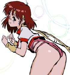 Rule 34 | 1980s (style), 1girl, ass, bad id, bad twitter id, breasts, brown eyes, brown hair, clenched hand, closed mouth, commentary request, headband, highres, imamura ryou, leotard, oldschool, pink leotard, retro artstyle, shiny skin, short hair, short sleeves, smile, solo, takaya noriko, top wo nerae!, wristband, yellow headband