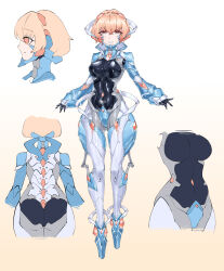 Rule 34 | 1girl, absurdres, animegao, ballet boots, blonde hair, bodysuit, breasts, commentary request, cosplay, covered navel, flat color, from behind, from side, full body, gradient background, highres, jian xuanyuan, kigurumi, large breasts, looking at viewer, mecha musume, original, shiny clothes, short hair, skin tight, solo, two-tone background, white background, yellow background, yellow eyes