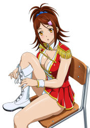 Rule 34 | 00s, 1girl, bachou mouki, breasts, brown hair, cleavage, hair ornament, hair scrunchie, ikkitousen, large breasts, looking at viewer, pleated skirt, red skirt, scrunchie, simple background, sitting, skirt, solo, white background, yellow eyes
