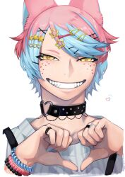 Rule 34 | 1boy, absurdres, animal ears, black collar, blue hair, blue nails, bracelet, collar, colored tips, commentary, freckles, grin, hair ornament, hairclip, hairpin, hands up, heart, heart collar, heart hands, highres, jewelry, looking at viewer, male focus, multicolored hair, multiple rings, original, pink hair, ring, sharp teeth, shirt, short hair, simple background, smile, solo, striped clothes, striped shirt, symbol-only commentary, teeth, tsurime, upper body, white background, yellow eyes, zzb azz